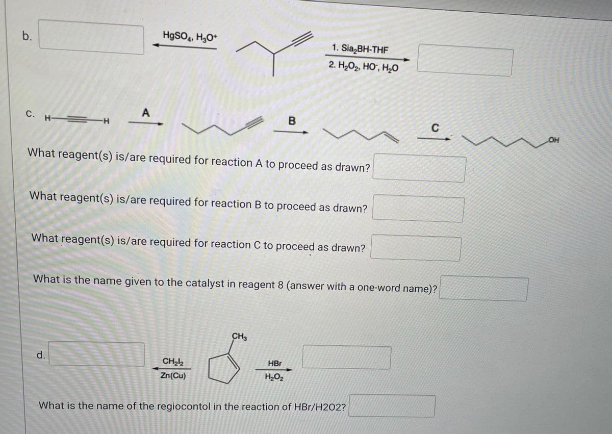 HgSO4, H3O+
1. Sia₂BH-THF
2. H,O2, HO, H,O
A
B
C. H
N -H
What reagent(s) is/are required for reaction A to proceed as drawn?
What reagent(s) is/are required for reaction B to proceed as drawn?
What reagent(s) is/are required for reaction C to proceed as drawn?
What is the name given to the catalyst in reagent 8 (answer with a one-word name)?
CH3
d.
CH₂12
Zn(Cu)
HBr
H₂O₂
What is the name of the regiocontol in the reaction of HBr/H202?
b.
*RAN
|_ *___*********
FORT TER
C
OH
valm
KIN