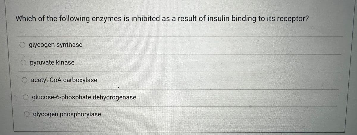 Which of the following enzymes is inhibited as a result of insulin binding to its receptor?
O glycogen synthase
pyruvate kinase
O acetyl-CoA carboxylase
Oglucose-6-phosphate dehydrogenase
O glycogen phosphorylase