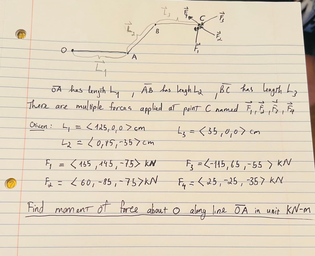 TO
14
A
B
Criven: L₁ = < 125,0,0 > cm
L2 = (0,85, -35 > cm
13
144
F₁ = < 135, 145, -75) KN
F₂ = 260₁-85₁, 757KN
2
F₁
743
4₁
OA has length by I
F4
There are multiple forces applied at point C named F₁, F₁,F2, Fu
L₂ = < 35,0,07 cm
748
A.B has leugh L₂ BC has length 13
F₂ = (-115, 65, -55 > KN
Fu
= < 25, -25, -357 kN
Find moment of force about o along line ŌA in unit KN-m