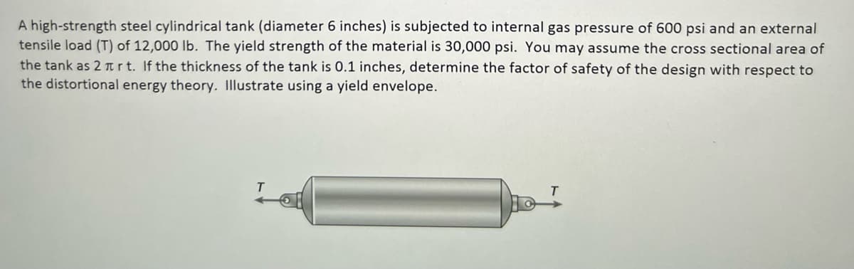 A high-strength steel cylindrical tank (diameter 6 inches) is subjected to internal gas pressure of 600 psi and an external
tensile load (T) of 12,000 lb. The yield strength of the material is 30,000 psi. You may assume the cross sectional area of
the tank as 2 rt. If the thickness of the tank is 0.1 inches, determine the factor of safety of the design with respect to
the distortional energy theory. Illustrate using a yield envelope.
T