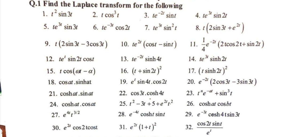 Q.1 Find the Laplace transform for the following
1. t² sin 3t
2. t cos³t
-21
3. te sint
3t
5. test sin 3t
31
6. te-3t
cos 2t
7. te ³1 sin² t
9. t (2 sin 3t-3 cos 3t)
10. te2¹ (cost - sint)
12. te' sin 2t cost
-21
13. te sinh 4t
15. t cos(at - a)
16. (t+sin 2
t + sin 2t)²
18. cosat.sinhat
19. e' sin 4t.cos2t
21. coshat.sinat
24. coshat.cosat
27. e4¹3/2
22. cos 3t.cosh 4t
25. t²-3t+5+e²¹1.²
-41
28. e
cosht sint
30. e2¹ cos2 tcost
31. e²¹ (1+1)²
4. te ³t sin 2t
8. t (2 sin 3t+e
te²¹)
(2 tcos2t+sin 2t)
11. -e
14. te 3t
sinh 2t
17. (t sinh 2t )
20. e2¹ (2 cos 3t -3 sin 3t)
е
-at
23. the + sin³t
26. cosh at cosbt
-31
29. e
32.
cosh 4 tsin 3t
cos 2t sint