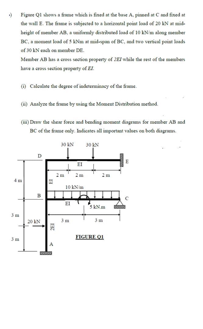 ›)
3 m
Figure Q1 shows a frame which is fixed at the base A, pinned at C and fixed at
the wall E. The frame is subjected to a horizontal point load of 20 kN at mid-
height of member AB, a uniformly distributed load of 10 kN/m along member
BC, a moment load of 5 kNm at mid-span of BC, and two vertical point loads
of 30 kN each on member DE.
3 m
Member AB has a cross section property of 2EI while the rest of the members
have a cross section property of EI.
(1) Calculate the degree of indeterminacy of the frame.
(ii) Analyze the frame by using the Moment Distribution method.
4 m
(iii) Draw the shear force and bending moment diagrams for member AB and
BC of the frame only. Indicates all important values on both diagrams.
30 kN
D
B
20 KN
2EI
A
2 m
EI
EI
10 kN/m
3 m
2 m
30 kN
2 m
5 kN.m
3 m
FIGURE Q1
€55545
E