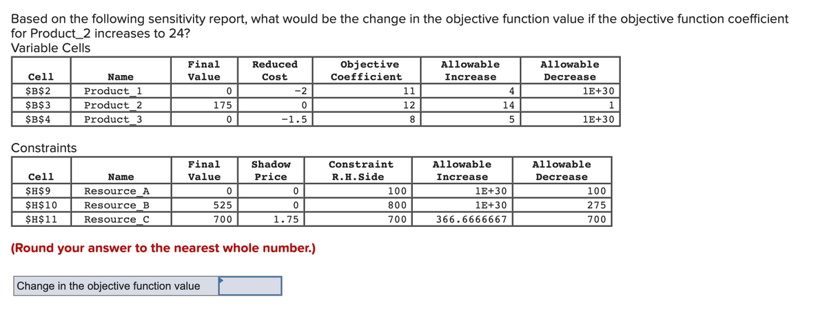 Based on the following sensitivity report, what would be the change in the objective function value if the objective function coefficient
for Product_2 increases to 24?
Variable Cells
Final
Value
Reduced
Cost
Objective
Coefficient
Allowable
Increase
Cell
Name
$B$2
Product 1
Allowable
Decrease
1E+30
1
1E+30
$B$3
Product 2
$B$4
Product 3
Constraints
Constraint
R.H.Side
Cell
Name
$H$9
Resource A
0
0
$H$10
Resource B
525
0
$H$11
Resource C
700
1.75
(Round your answer to the nearest whole number.)
Change in the objective function value
0
175
0
Final
Value
-2
0
-1.5
Shadow
Price
11
12
8
100
800
700
4
14
5
Allowable
Increase
1E+30
1E+30
366.6666667
Allowable
Decrease
100
275
700