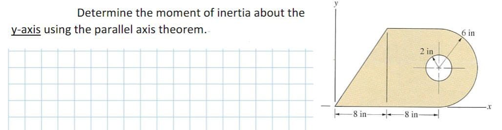 Determine the moment of inertia about the
y-axis using the parallel axis theorem.
-8 in-
2 in
-8 in-
6 in