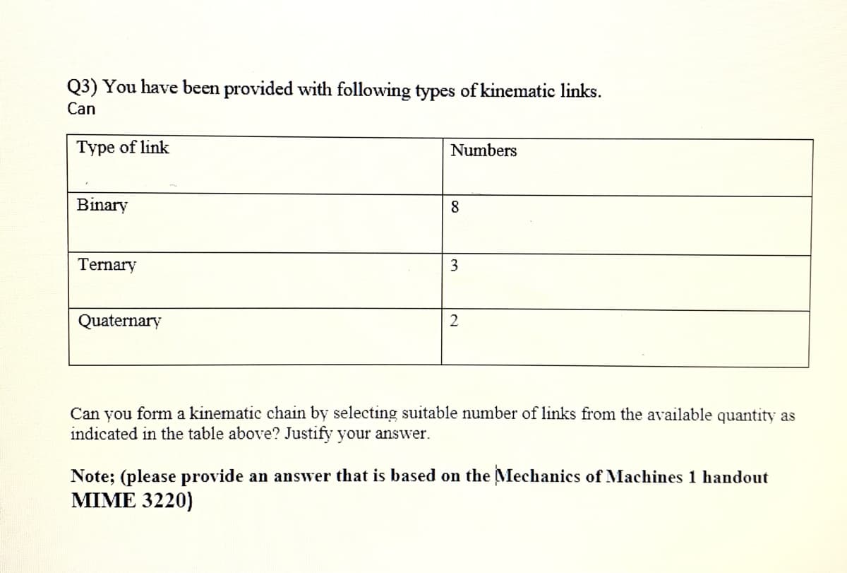 Q3) You have been provided with following types of kinematic links.
Can
Type of link
Numbers
Binary
8
Ternary
3
Quaternary
Can you form a kinematic chain by selecting suitable number of links from the available quantity as
indicated in the table above? Justify your answer.
Note; (please provide an answer that is based on the Mechanics of Machines 1 handout
MIME 3220)
