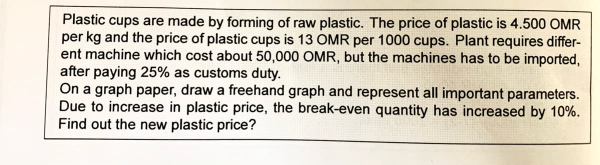 Plastic cups are made by forming of raw plastic. The price of plastic is 4.500 OMR
per kg and the price of plastic cups is 13 OMR per 1000 cups. Plant requires differ-
ent machine which cost about 50,000 OMR, but the machines has to be imported,
after paying 25% as customs duty.
On a graph paper, draw a freehand graph and represent all important parameters.
Due to increase in plastic price, the break-even quantity has increased by 10%.
Find out the new plastic price?
