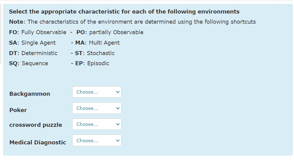 ..........................
Select the appropriate characteristic for each of the following environments
Note: The characteristics of the environment are determined using the following shortcuts
FO: Fully Observable - PO: partially Observable
SA: Single Agent
- MA: Multi Agent
DT: Deterministic
- ST: Stochastic
SQ: Sequence
- EP: Episodic
Choose...
Backgammon
Choose...
Poker
crossword puzzle
Choose...
Choose...
Medical Diagnostic
>
>
