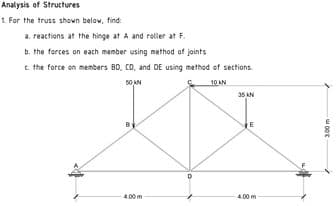 Analysis of Structures
1 For the truss shown below, find:
a. reactions at the hinge at A and roller at F.
b. the forces on each member using method of joints
t. the force on members BD, CD, and DE using method of sections
50 KN
10 AN
35 AN
4.00 m

