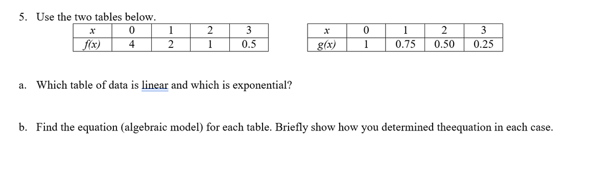 5. Use the two tables below.
1
3
1
3
f(x)
4
2
1
0.5
g(x)
1
0.75
0.50
0.25
Which table of data is linear and which is exponential?
а.
b. Find the equation (algebraic model) for each table. Briefly show how you determined theequation in each case.
