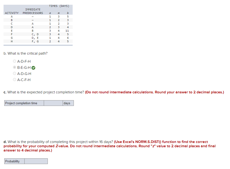 TIMES (DAYS)
IMMEDIATE
ACTIVITY
PREDECESSORS
m
A
1
5
B
1
3
A
1
3
A
2
B
3
4
11
C, D
3
4
D, E
F, G
G
1
4
6
2
4
b. What is the critical path?
O A-D-F-H
O B-E-G-H O
O A-D-G-H
O A-C-F-H
c. What is the expected project completion time? (Do not round intermediate calculations. Round your answer to 2 decimal places.)
Project completion time
days
d. What is the probability of completing this project within 16 days? (Use Excel's NORM.S.DIST() function to find the correct
probability for your computed Z-value. Do not round intermediate calculations. Round "z" value to 2 decimal places and final
answer to 4 decimal places.)
Probability
