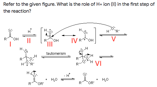Refer to the given figure. What is the role of H+ ion (II) in the first step of
the reaction?
H
H
R'
V
HO.
||
IVROH
HO.
H.
tautomerism
R
HR'
VI
H
- H*
+ H20
H20
OR'
R
OR'
