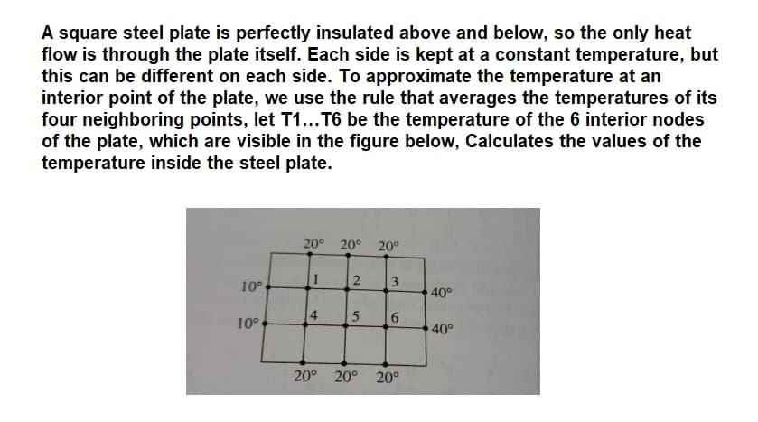 A square steel plate is perfectly insulated above and below, so the only heat
flow is through the plate itself. Each side is kept at a constant temperature, but
this can be different on each side. To approximate the temperature at an
interior point of the plate, we use the rule that averages the temperatures of its
four neighboring points, let T1...T6 be the temperature of the 6 interior nodes
of the plate, which are visible in the figure below, Calculates the values of the
temperature inside the steel plate.
10°
10⁰
20°
1
4
20° 20°
2
5
لیا
6
20° 20° 20°
40°
40°