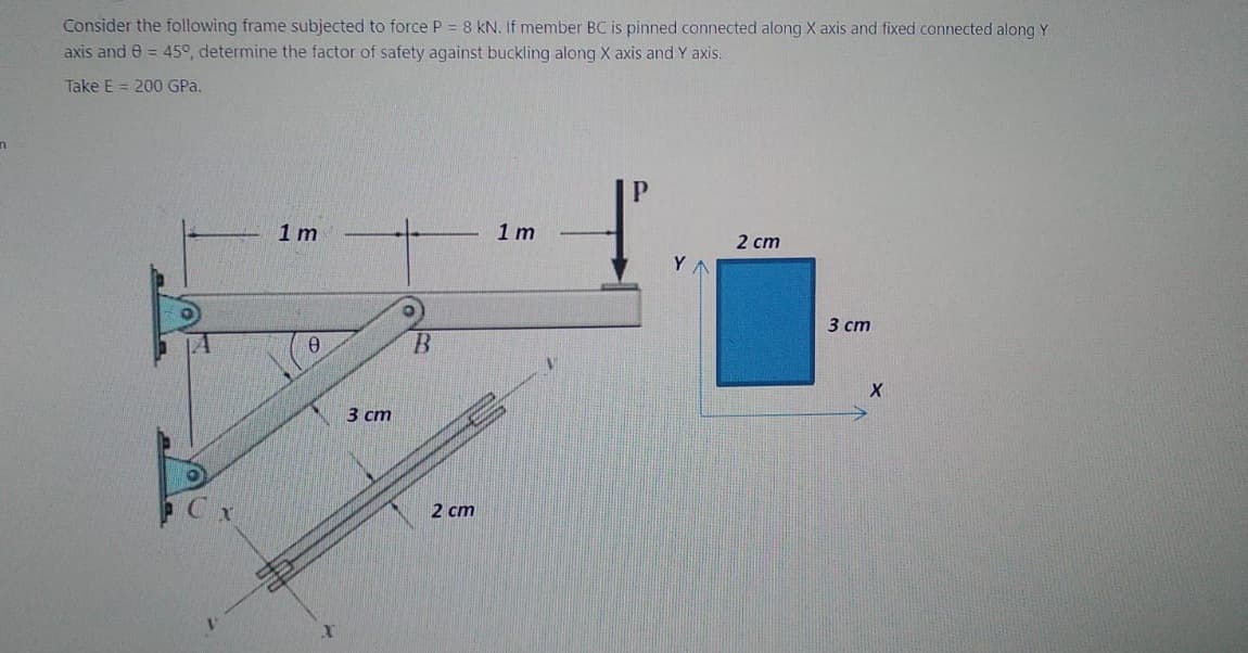 n
Consider the following frame subjected to force P = 8 kN. If member BC is pinned connected along X axis and fixed connected along Y
axis and 8 = 45°, determine the factor of safety against buckling along X axis and Y axis.
Take E = 200 GPa.
L
X
1 m
0
2
3 cm
B
2 cm
1 m
2 cm
3 cm
X