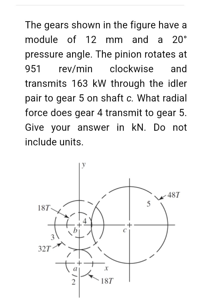 The gears shown in the figure have a
module of 12 mm and a 20°
pressure angle. The pinion rotates at
951 rev/min clockwise and
transmits 163 kW through the idler
pair to gear 5 on shaft c. What radial
force does gear 4 transmit to gear 5.
Give your answer in kN. Do not
include units.
187
5
32T
x
18T
487
