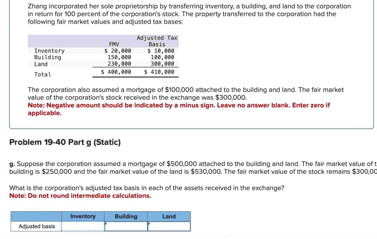 Zhang incorporated her sole proprietorship by transferring inventory, a building, and land to the corporation
in return for 100 percent of the corporation's stock. The property transferred to the corporation had the
following fair market values and adjusted tax bases:
Inventory
Building
Land
Total
FMV
$ 20,000
150,000
230,000
$ 400,000
Adjusted Tax
Basis
The corporation also assumed a mortgage of $100,000 attached to the building and land. The fair market
value of the corporation's stock received in the exchange was $300,000.
Note: Negative amount should be indicated by a minus sign. Leave no answer blank. Enter zero if
applicable.
Adjusted basis
Problem 19-40 Part g (Static)
g. Suppose the corporation assumed a mortgage of $500,000 attached to the building and land. The fair market value of t
building is $250,000 and the fair market value of the land is $530,000. The fair market value of the stock remains $300,00
Inventory
$ 10,000
100,000
300,000
$ 410,000
What is the corporation's adjusted tax basis in each of the assets received in the exchange?
Note: Do not round intermediate calculations.
Building
Land
