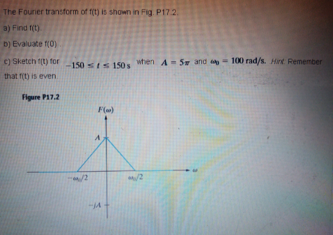 The Fourier transform of f(t) is shown in Fig. P17.2.
a) Find f(t).
b) Evaluate f(0)
c) Sketch r(t) for
150 s1s 150s
when A = 5 and wo
100 rad/s. Hint: Remember
that f(t) is even.
Figure P17.2
F(@)
- a/2
a//2
