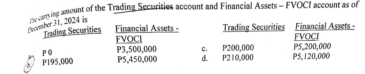 The carrying amount of the Trading Securities account and Financial Assets - FVOCI account as of
December 31, 2024 is
Trading Securities
РО
P195,000
Financial Assets -
FVOCI
P3,500,000
P5,450,000
Trading Securities Financial Assets -
C.
P200,000
d.
P210,000
FVOCI
P5,200,000
P5,120,000