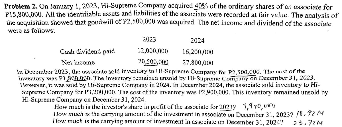 Problem 2. On January 1, 2023, Hi-Supreme Company acquired 40% of the ordinary shares of an associate for
P15,800,000. All the identifiable assets and liabilities of the associate were recorded at fair value. The analysis of
the acquisition showed that goodwill of P2,500,000 was acquired. The net income and dividend of the associate
were as follows:
2023
2024
Cash dividend paid
12,000,000
16,200,000
Net income
20,500,000
27,800,000
In December 2023, the associate sold inventory to Hi-Supreme Company for P2,500,000. The cost of the
inventory was P1,800,000. The inventory remained unsold by Hi-Supreme Company on December 31, 2023.
However, it was sold by Hi-Supreme Company in 2024. In December 2024, the associate sold inventory to Hi-
Supreme Company for P3,200,000. The cost of the inventory was P2,900,000. This inventory remained unsold by
Hi-Supreme Company on December 31, 2024.
How much is the investor's share in profit of the associate for 2023? 7,970,00
How much is the carrying amount of the investment in associate on December 31, 2023? 18,92 M
How much is the carrying amount of investment in associate on December 31, 2024?
23.72M