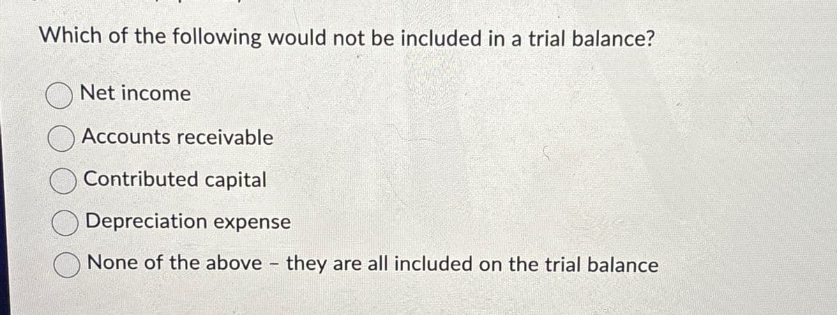 Which of the following would not be included in a trial balance?
Net income
Accounts receivable
Contributed capital
Depreciation expense
None of the above they are all included on the trial balance