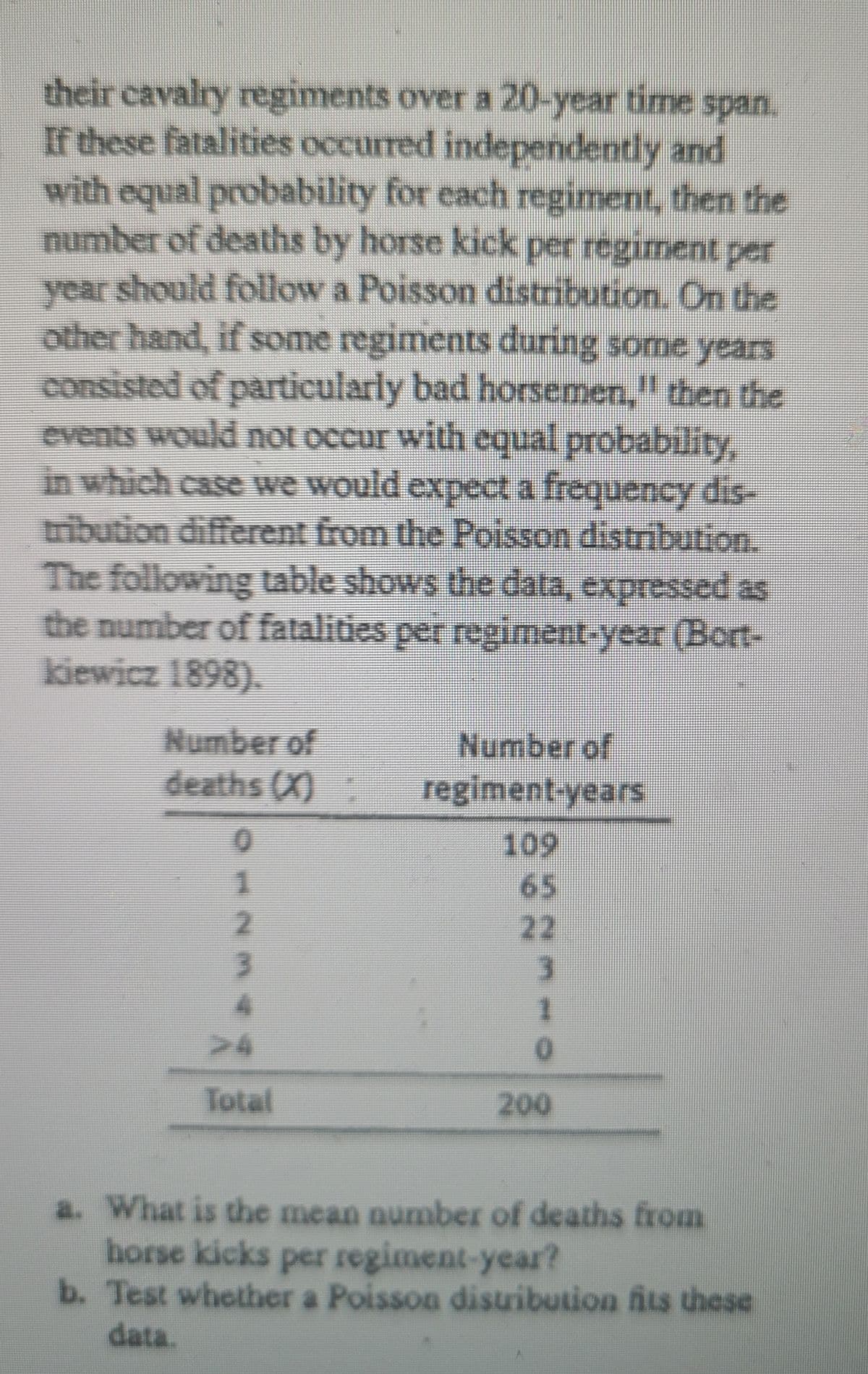 their cavalry regiments over a 20-year time span.
If these fatalities occurred independently and
with equal probability for cach regiment, then the
number of deaths by horse kick per regiment per
year should follow a Poisson distribution. On the
other hand, if some regiments during some years
consisted of particularly bad horsemen, then the
events would not occur with equal probability,
in which case we would expect a frequency dis-
tribution different from the Poisson distribution.
The following table shows the data, expressed as
the number of fatalities per regiiment-year (Bort-
kiewicz 1898).
Number of
deaths (X)
Number of
regiment-years
109
65
22
1.
24
Total
200
a. What is the mean number of deaths from
horse kicks per regiment-year?
b. Test whether a Poisson disuibution fits these
data.
012

