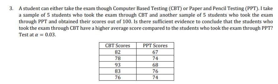 3. A student can either take the exam though Computer Based Testing (CBT) or Paper and Pencil Testing (PPT). I take
a sample of 5 students who took the exam through CBT and another sample of 5 students who took the exam
through PPT and obtained their scores out of 100. Is there sufficient evidence to conclude that the students who
took the exam through CBT have a higher average score compared to the students who took the exam through PPT?
Test at a = 0.03.
CBT Scores
82
PPT Scores
67
78
74
93
68
83
76
74
76
