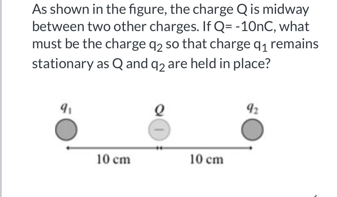 As shown in the figure, the charge Q is midway
between two other charges. If Q= -10nC, what
must be the charge q2 so that charge q₁ remains
stationary as Q and q2 are held in place?
9₁
10 cm
Q
10 cm
92