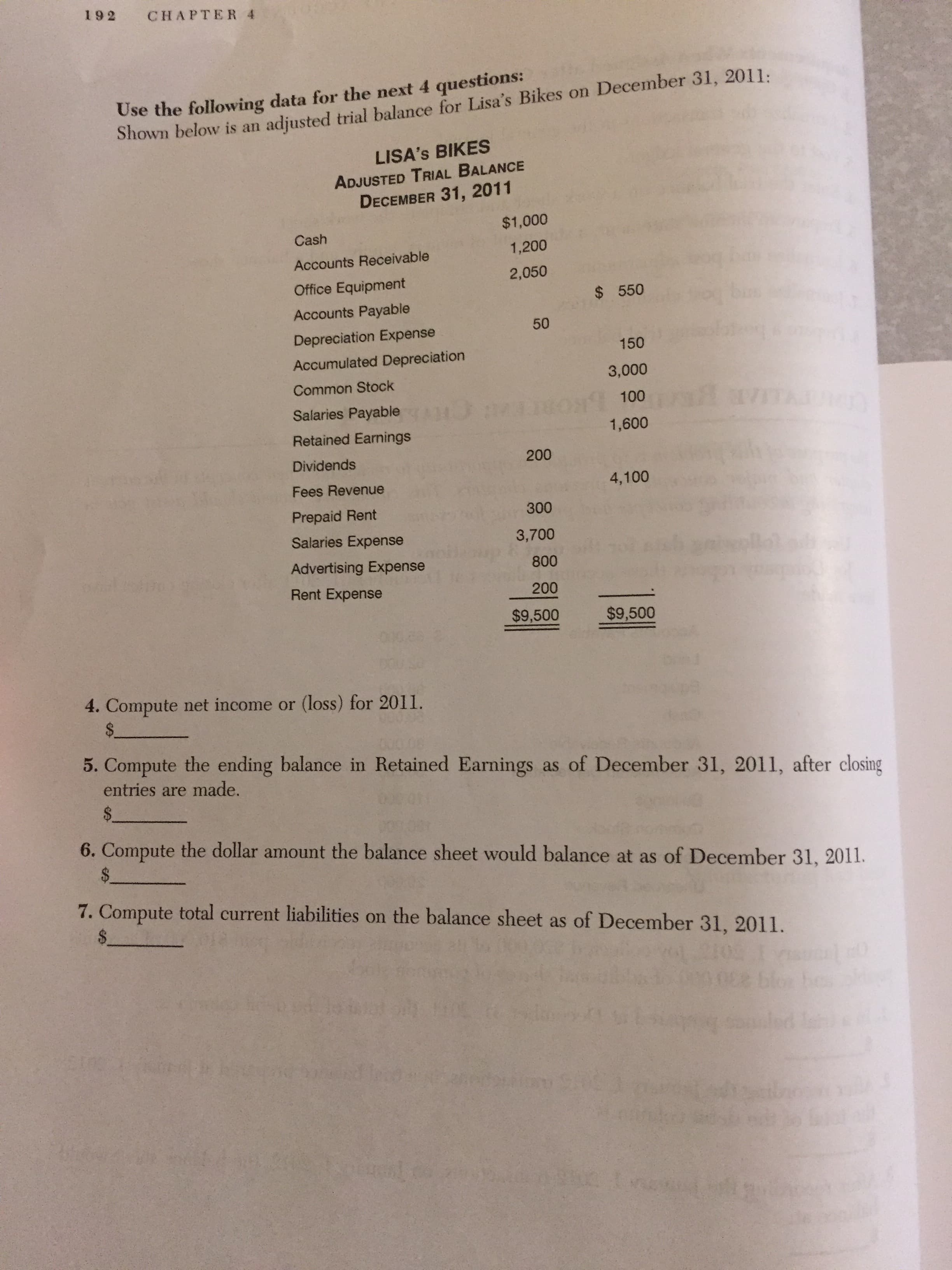 192
CHAPTER 4
Use the following data for the next 4 questions:
Shown below is an
adjusted trial balance for Lisa's Bikes on December 31, 2011:
LISA's BIKES
ADJUSTED TRIAL BALANCE
DECEMBER 31, 2011
$1,000
Cash
1,200
Accounts Receivable
2,050
Office Equipment
$ 550
Accounts Payable
Depreciation Expense
150
Accumulated Depreciation
3,000
Common Stock
IOA
100
Salaries Payable
1,600
Retained Earnings
200
Dividends
4,100
Fees Revenue
300
Prepaid Rent
Salaries Expense
3,700
Advertising Expense
800
Rent Expense
200
$9,500
$9,500
4. Compute net income or (loss) for 2011.
$
08
5. Compute the ending balance in Retained Earnings as of December 31, 2011, after closing
entries are made.
$
6. Compute the dollar amount the balance sheet would balance at as of December 31, 2011
7. Compute total current liabilities on the balance sheet as of December 31, 2011
$
le)
bo
Mww
50
