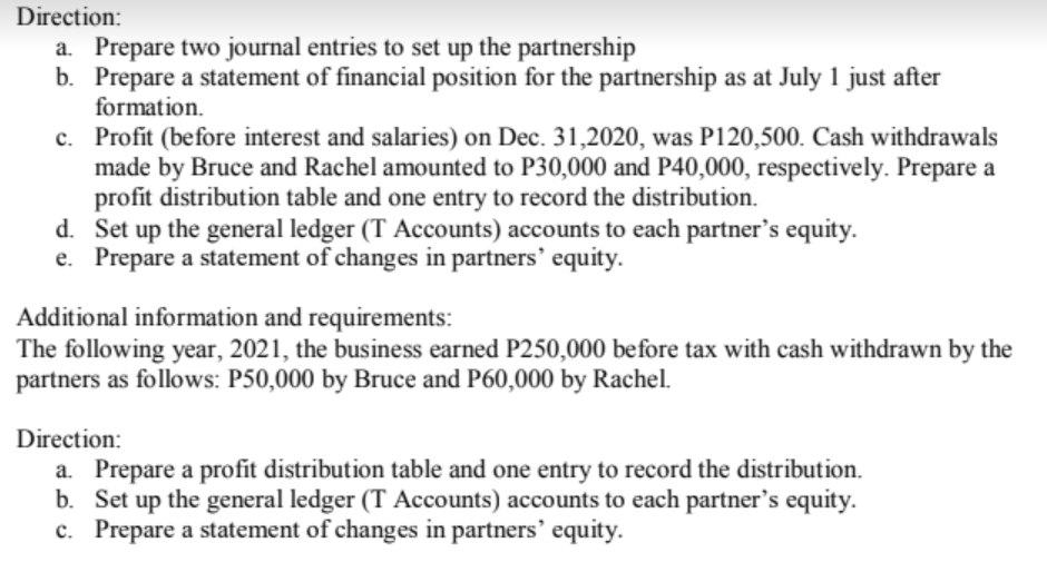 Direction:
a. Prepare two journal entries to set up the partnership
b. Prepare a statement of financial position for the partnership as at July 1 just after
formation.
c. Profit (before interest and salaries) on Dec. 31,2020, was P120,500. Cash withdrawals
made by Bruce and Rachel amounted to P30,000 and P40,000, respectively. Prepare a
profit distribution table and one entry to record the distribution.
d. Set up the general ledger (T Accounts) accounts to each partner's equity.
e. Prepare a statement of changes in partners' equity.
Additional information and requirements:
The following year, 2021, the business earned P250,000 before tax with cash withdrawn by the
partners as follows: P50,000 by Bruce and P60,000 by Rachel.
Direction:
a. Prepare a profit distribution table and one entry to record the distribution.
b. Set up the general ledger (T Accounts) accounts to each partner's equity.
c. Prepare a statement of changes in partners' equity.
