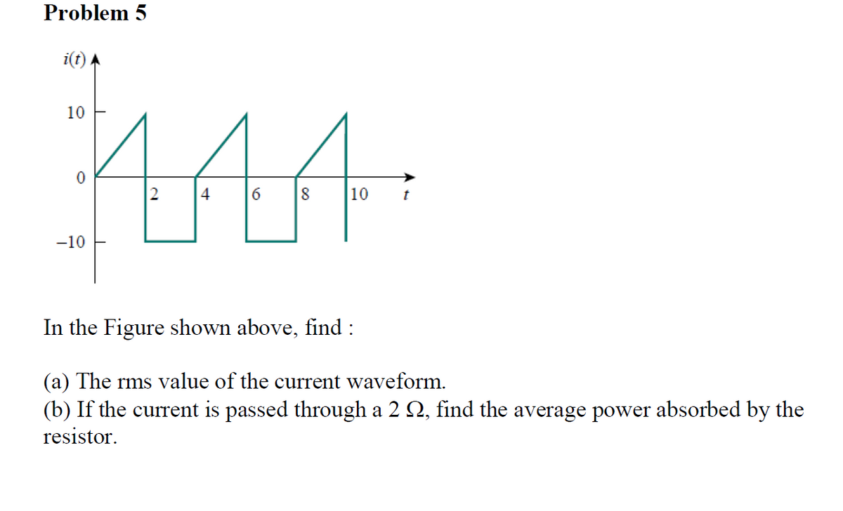 Problem 5
i(t) ,
10
2
|4
6.
8
10
t
-10
In the Figure shown above, find :
(a) The rms value of the current waveform.
(b) If the current is passed through a 2 Q, find the average power absorbed by the
resistor.
