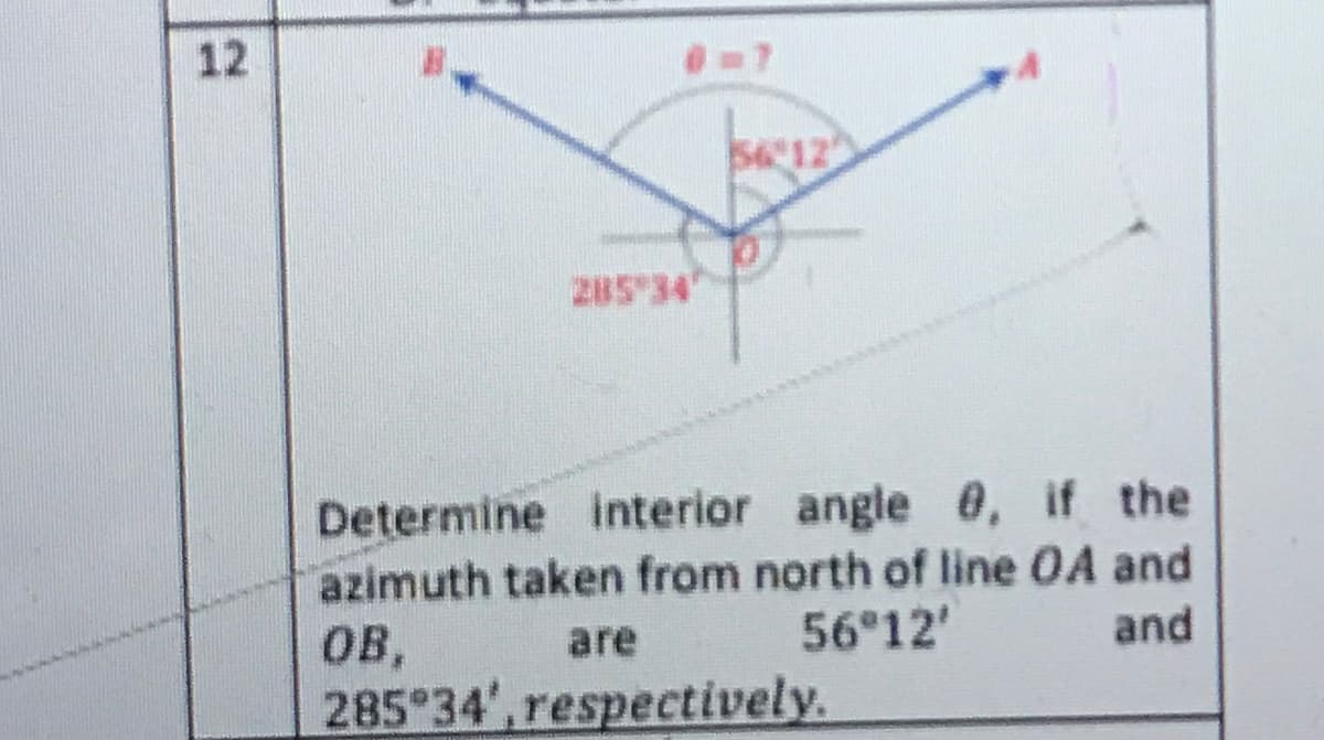 12
12
285 34"
Determine interior angle 0, if the
azimuth taken from north of line OA and
OB,
are
56 12'
and
285 34',respectively.
