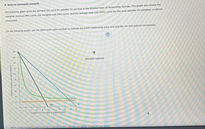 8. Natural monopoly analysis.
The following graph gives the demand (D) curve for satellite TV services in the fictional town of Streamship Springs. The graph also shows the
marginal revenue (MR) curve, the marginal cost (MC) curve, and the average total cost (ATC) curve for the local satellite TV company, a natural
monopolist.
On the following graph, use the black point (plus symbol) to indicate the profit-maximizing price and quantity for this natural monopolist.
PRICE (Dollars per subscription)
888
282 28
70
00
50
40
30
MR
16
15
14
QUANTITY (Number of subscriptions)
20
D
Monopoly Outcome
→
Which of the following statements are true about this natural monopoly? Check all that apply.