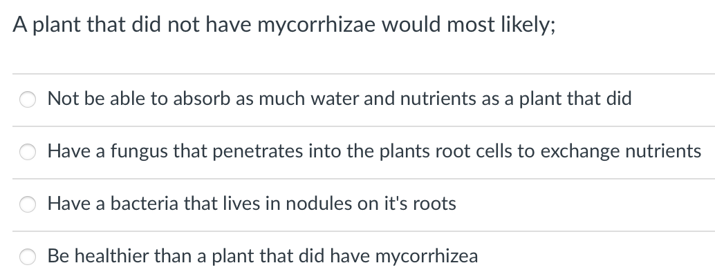 A plant that did not have mycorrhizae would most likely;
Not be able to absorb as much water and nutrients as a plant that did
Have a fungus that penetrates into the plants root cells to exchange nutrients
Have a bacteria that lives in nodules on it's roots
Be healthier than a plant that did have mycorrhizea
