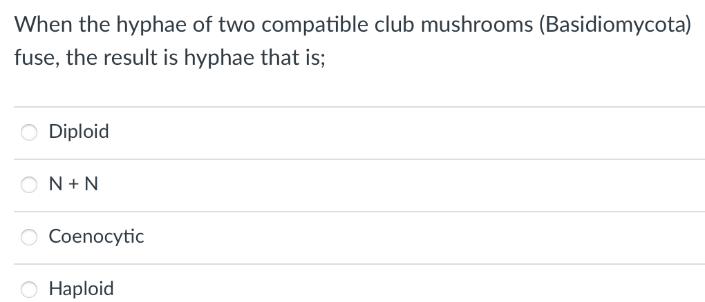 When the hyphae of two compatible club mushrooms (Basidiomycota)
fuse, the result is hyphae that is;
Diploid
N + N
Соenocytic
Нaploid
