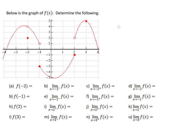 Below is the graph of f(x). Determine the following.
-3
-2
(a) f(-2) =
b) f(-1) =
h) f(2)=
1) f(3) =
7
V
4
3
2
1
-1
-2
on
-4
İ
1
e) lim_
x→−1¯
b)_lim_f(x) =
x→−2¯
}-f(x) =
i) lim f(x) =
x-2-
2
m) lim_ f(x) =
3
c) lim f(x) =
x→-2+
f)_lim_ f(x) =
x-1+
j) lim f(x) =
x-2+
n) lim f(x) =
x-3+
d) lim f(x) =
x--2
g) lim f(x) =
X-1
k) lim f(x) =
x→2
o) lim f(x) =
x-3