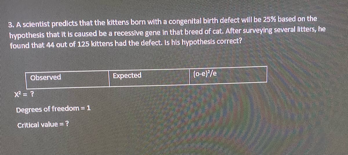 3. A scientist predicts that the kittens born with a congenital birth defect will be 25% based on the
hypothesis that it is caused be a recessive gene in that breed of cat. After surveying several litters, he
found that 44 out of 125 kittens had the defect. Is his hypothesis correct?
Observed
Еxpected
(o-e)/e
x2 = ?
Degrees of freedom = 1
Critical value= ?
