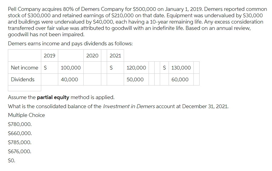Pell Company acquires 80% of Demers Company for $500,000 on January 1, 2019. Demers reported common
stock of $300,000 and retained earnings of $210,000 on that date. Equipment was undervalued by $30,000
and buildings were undervalued by $40,000, each having a 10-year remaining life. Any excess consideration
transferred over fair value was attributed to goodwill with an indefinite life. Based on an annual review,
goodwill has not been impaired.
Demers earns income and pays dividends as follows:
2019
2020 2021
Net income $
Dividends
100,000
40,000
Multiple Choice
$780,000.
$660,000.
$785,000.
$676,000.
SO.
$
120,000
50,000
$ 130,000
60,000
Assume the partial equity method is applied.
What is the consolidated balance of the Investment in Demers account at December 31, 2021.