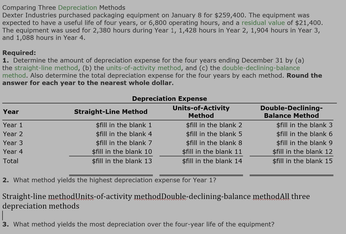 Comparing Three Depreciation Methods
Dexter Industries purchased packaging equipment on January 8 for $259,400. The equipment was
expected to have a useful life of four years, or 6,800 operating hours, and a residual value of $21,400.
The equipment was used for 2,380 hours during Year 1, 1,428 hours in Year 2, 1,904 hours in Year 3,
and 1,088 hours in Year 4.
Required:
1. Determine the amount of depreciation expense for the four years ending December 31 by (a)
the straight-line method, (b) the units-of-activity method, and (c) the double-declining-balance
method. Also determine the total depreciation expense for the four years by each method. Round the
answer for each year to the nearest whole dollar.
Depreciation Expense
Units-of-Activity
Method
$fill in the blank 2
Year
Straight-Line Method
Year 1
$fill in the blank 1
Year 2
$fill in the blank 4
$fill in the blank 5
Year 3
$fill in the blank 7
$fill in the blank 8
Year 4
$fill in the blank 10
$fill in the blank 11
Total
$fill in the blank 13
$fill in the blank 14
Double-Declining-
Balance Method
$fill in the blank 3
$fill in the blank 6
$fill in the blank 9
$fill in the blank 12
$fill in the blank 15
2. What method yields the highest depreciation expense for Year 1?
Straight-line methodUnits-of-activity method Double-declining-balance methodAll three
depreciation methods
3. What method yields the most depreciation over the four-year life of the equipment?