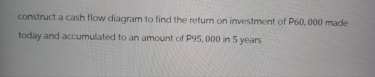 construct a cash flow diagram to find the return on investment of P60,000 made
today and accumulated to an amount of P95,000 in 5 years