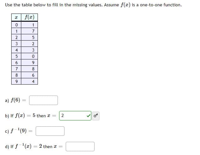 Use the table below to fill in the missing values. Assume f(x) is a one-to-one function.
f(x)
1
7
I
0
52
123456
7
8
000
9
3
=
0060
9
8
6
4
a) f(6)
b) If f(x) = 5 then * = 2
c) f ¹(9) =
d) If f¹(x) = 2 then * =
B