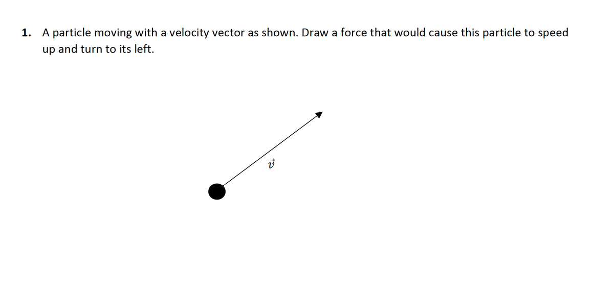1. A particle moving with a velocity vector as shown. Draw a force that would cause this particle to speed
up and turn to its left.

