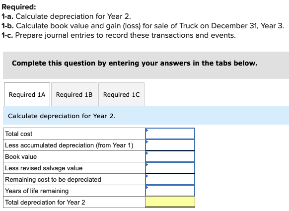 Required:
1-a. Calculate depreciation for Year 2.
1-b. Calculate book value and gain (loss) for sale of Truck on December 31, Year 3.
1-c. Prepare journal entries to record these transactions and events.
Complete this question by entering your answers in the tabs below.
Required 1A Required 1B Required 1C
Calculate depreciation for Year 2.
Total cost
Less accumulated depreciation (from Year 1)
Book value
Less revised salvage value
Remaining cost to be depreciated
Years of life remaining
Total depreciation for Year 2