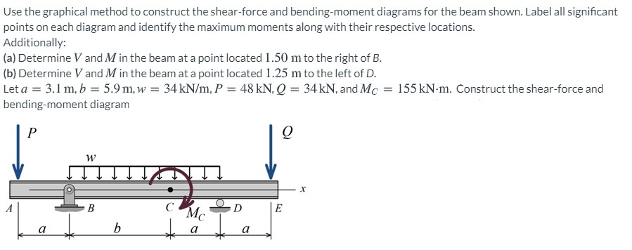 Use the graphical method to construct the shear-force and bending-moment diagrams for the beam shown. Label all significant
points on each diagram and identify the maximum moments along with their respective locations.
Additionally:
(a) Determine V and M in the beam at a point located 1.50 m to the right of B.
(b) Determine V and M in the beam at a point located 1.25 m to the left of D.
Let a = 3.1 m, b = 5.9 m, w = 34 kN/m, P = 48 kN, Q = 34 kN, and Mc = 155 kN-m. Construct the shear-force and
bending-moment diagram
P
w
A
B
E
Mc
a
a
a
