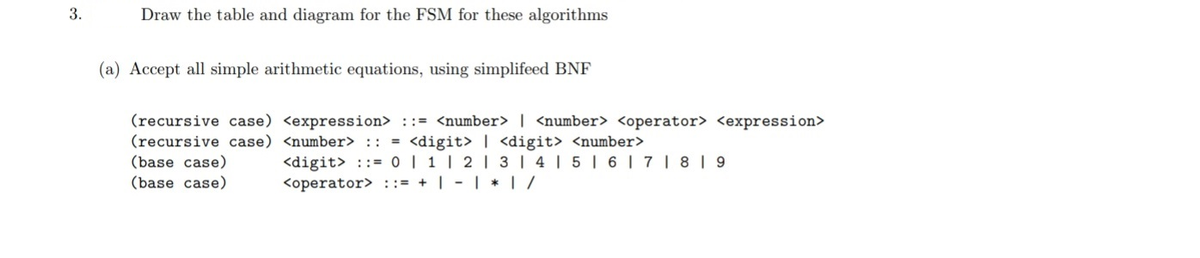 3.
Draw the table and diagram for the FSM for these algorithms
(a) Accept all simple arithmetic equations, using simplifeed BNF
(recursive case) <expression> ::= <number> | <number> <operator> <expression>
(recursive case) <number> ::
(base case)
(base case)
= <digit> | <digit> <number>
<digit> ::= 0 | 1 | 2 | 3 | 4 | 5| 6 | 7 | 8 | 9
<operator> : := + | -| * | 7
