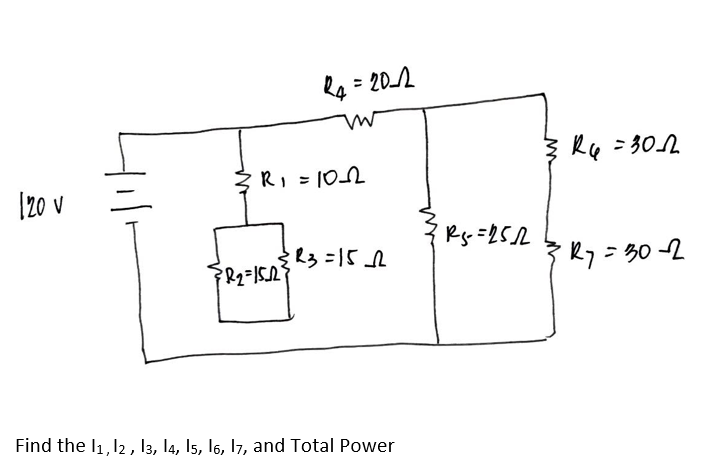 [20 v
R4=20-12
3R₁=10_22
{R₂=15_2}
R3=152
Find the 11, 12, 13, 14, 15, 16, 17, and Total Power
Rs-=25/2
R6 =30-12
• Ry=30-2