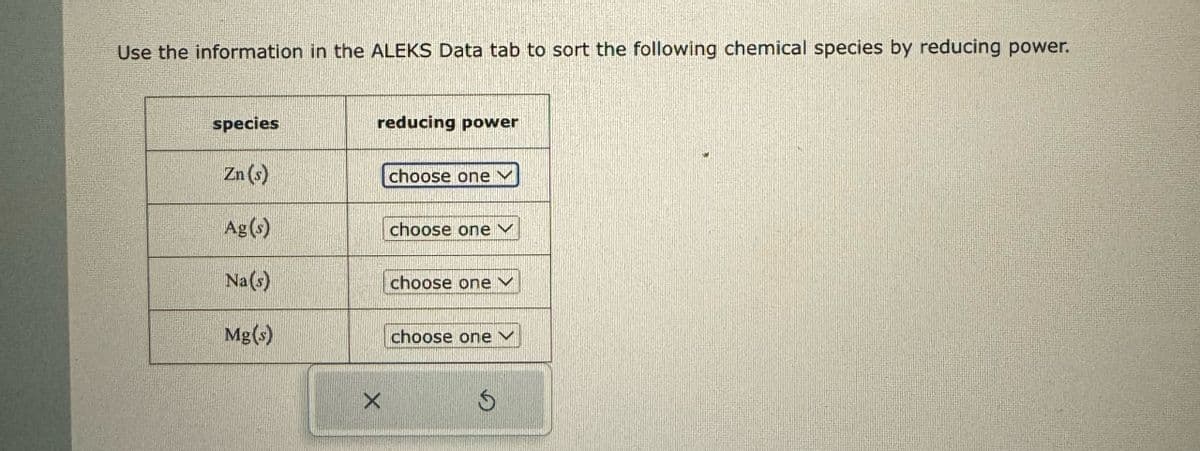 Use the information in the ALEKS Data tab to sort the following chemical species by reducing power.
species
reducing power
Zn(s)
choose one
Ag(s)
choose one
Na(s)
choose one
Mg(s)
choose one
X
5