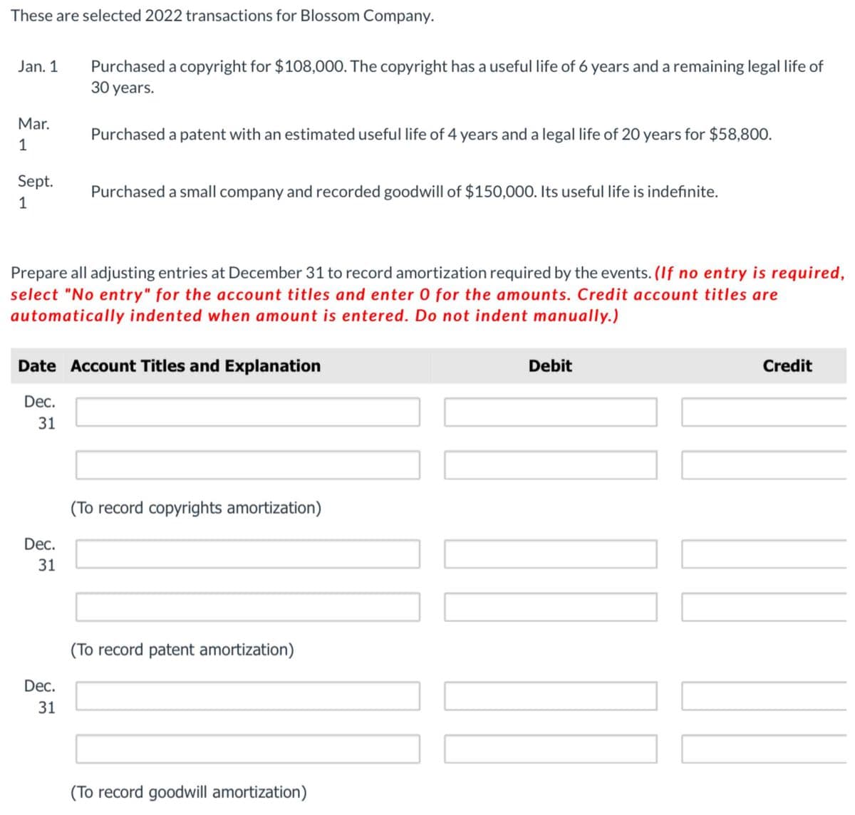 These are selected 2022 transactions for Blossom Company.
Jan. 1
Mar.
1
Sept.
1
Purchased a copyright for $108,000. The copyright has a useful life of 6 years and a remaining legal life of
30 years.
Purchased a patent with an estimated useful life of 4 years and a legal life of 20 years for $58,800.
Purchased a small company and recorded goodwill of $150,000. Its useful life is indefinite.
Prepare all adjusting entries at December 31 to record amortization required by the events. (If no entry is required,
select "No entry" for the account titles and enter 0 for the amounts. Credit account titles are
automatically indented when amount is entered. Do not indent manually.)
Date Account Titles and Explanation
Dec.
31
Debit
Credit
Dec.
31
(To record copyrights amortization)
Dec.
31
(To record patent amortization)
(To record goodwill amortization)