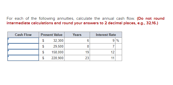 For each of the following annuities, calculate the annual cash flow. (Do not round
intermediate calculations and round your answers to 2 decimal places, e.g., 32.16.)
77
Cash Flow
Present Value
Years
Interest Rate
32,300
6
9%
$
29,500
8.
$
158,000
19
12
$
228,900
23
11
