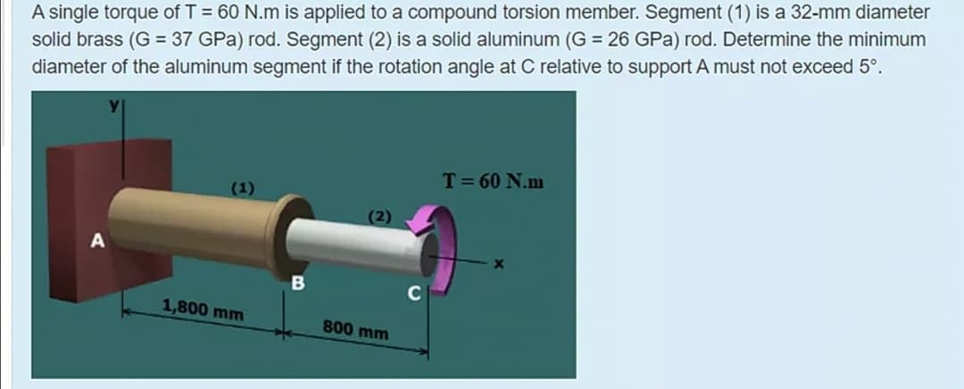 A single torque of T = 60 N.m is applied to a compound torsion member. Segment (1) is a 32-mm diameter
solid brass (G = 37 GPa) rod. Segment (2) is a solid aluminum (G = 26 GPa) rod. Determine the minimum
diameter of the aluminum segment if the rotation angle at C relative to support A must not exceed 5°.
T= 60 N.m
(1)
1,800 mm
800 mm
