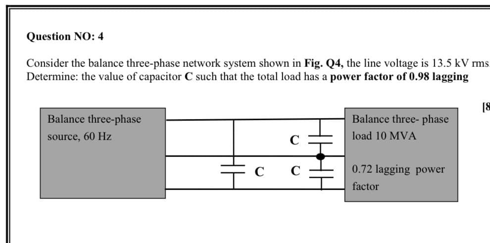 Question NO: 4
Consider the balance three-phase network system shown in Fig. Q4, the line voltage is 13.5 kV rms.
Determine: the value of capacitor C such that the total load has a power factor of 0.98 lagging
[8
Balance three-phase
Balance three- phase
source, 60 Hz
load 10 MVA
0.72 lagging power
factor
