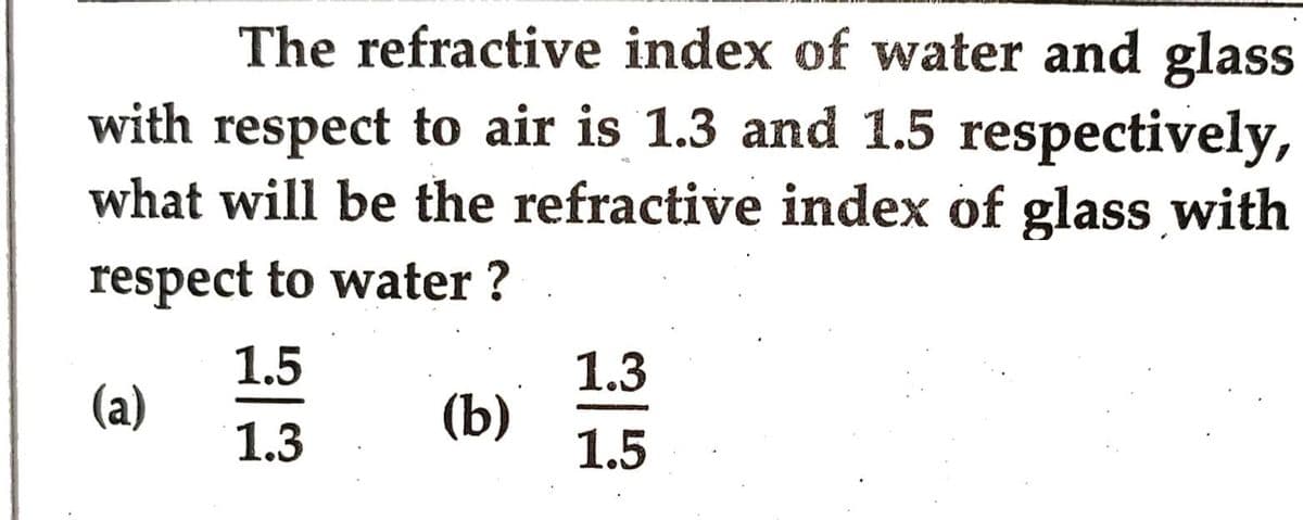 The refractive index of water and glass
with respect to air is 1.3 and 1.5 respectively,
what will be the refractive index of glass with
respect to water?
1.5
1.3
(a)
(b)
1.3
1.5